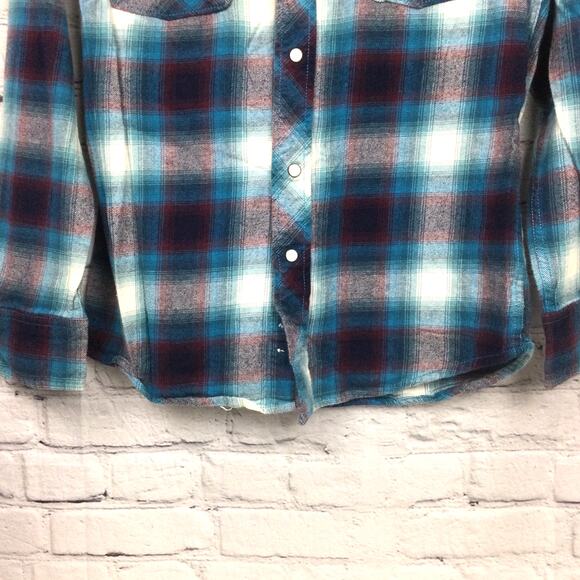 Roebuck and Co Western Pearl Snap Cowboy Rodeo Blue Plaid Flannel Shirt Men's S - Picture 3 of 13